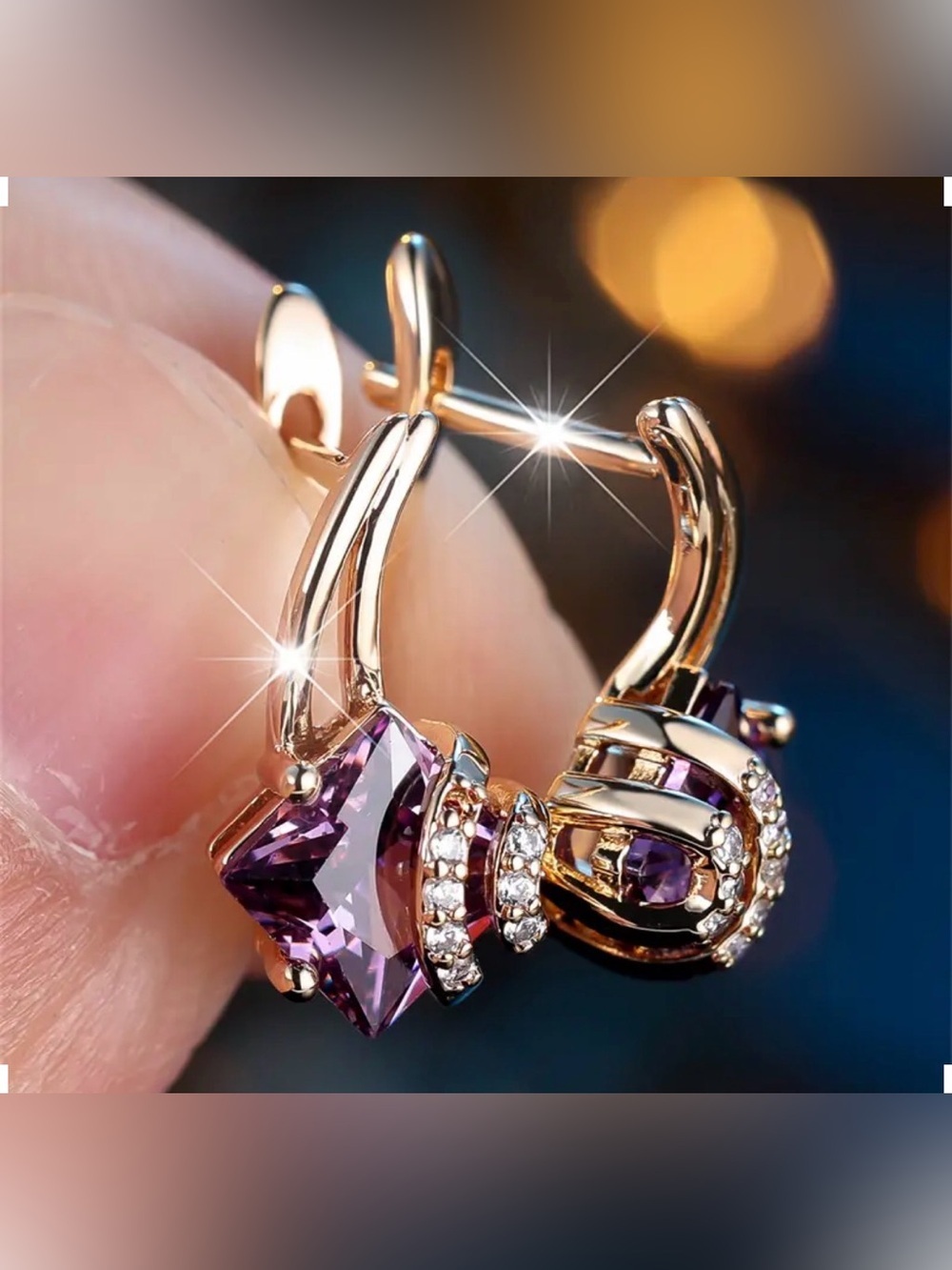 Bohemian Square Purple Gold Crystal Earrings.